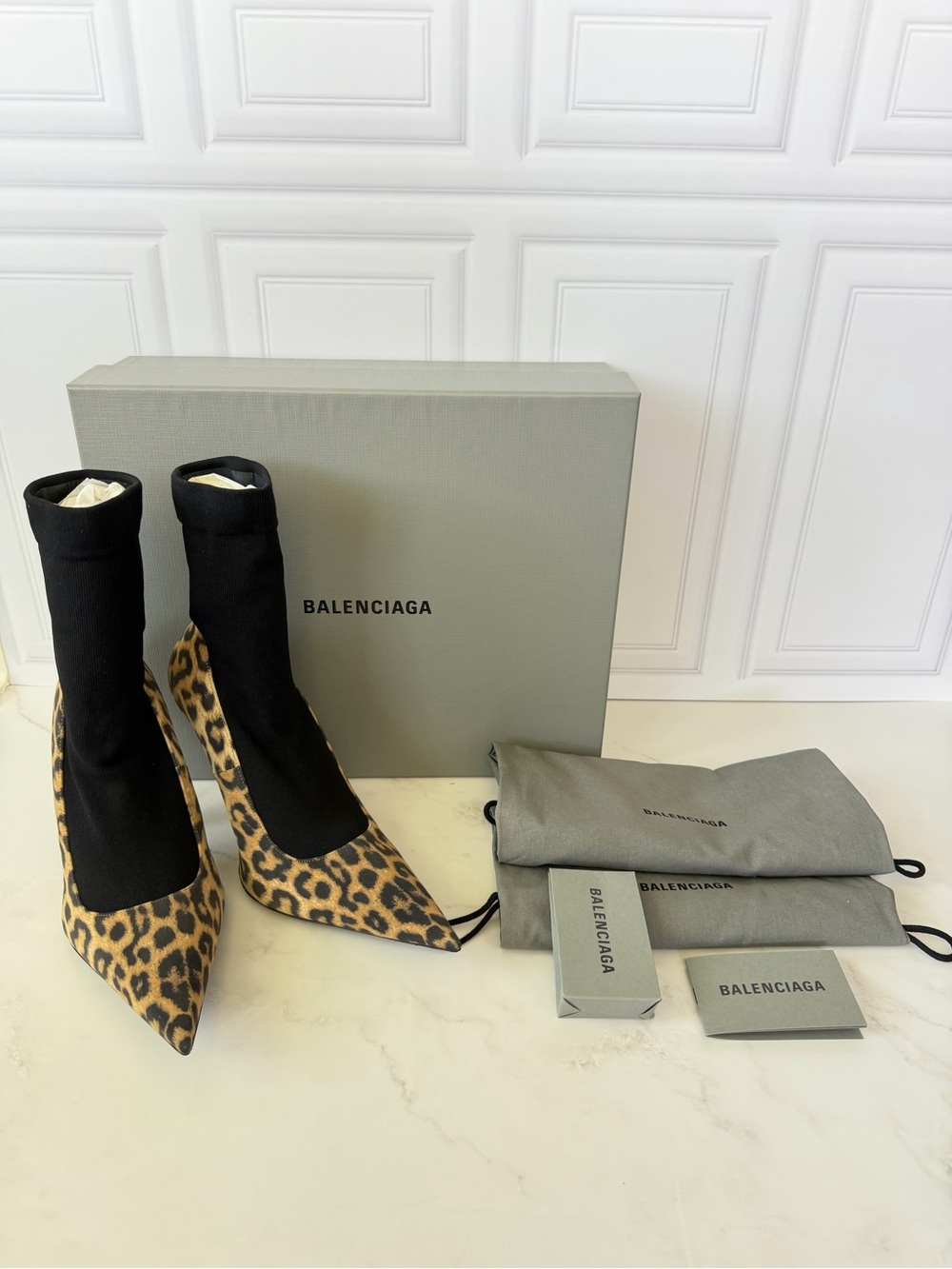 Balenciaga Avenue Sock Pumps Leopard Print Suede Knit Heels EU 39 NIB